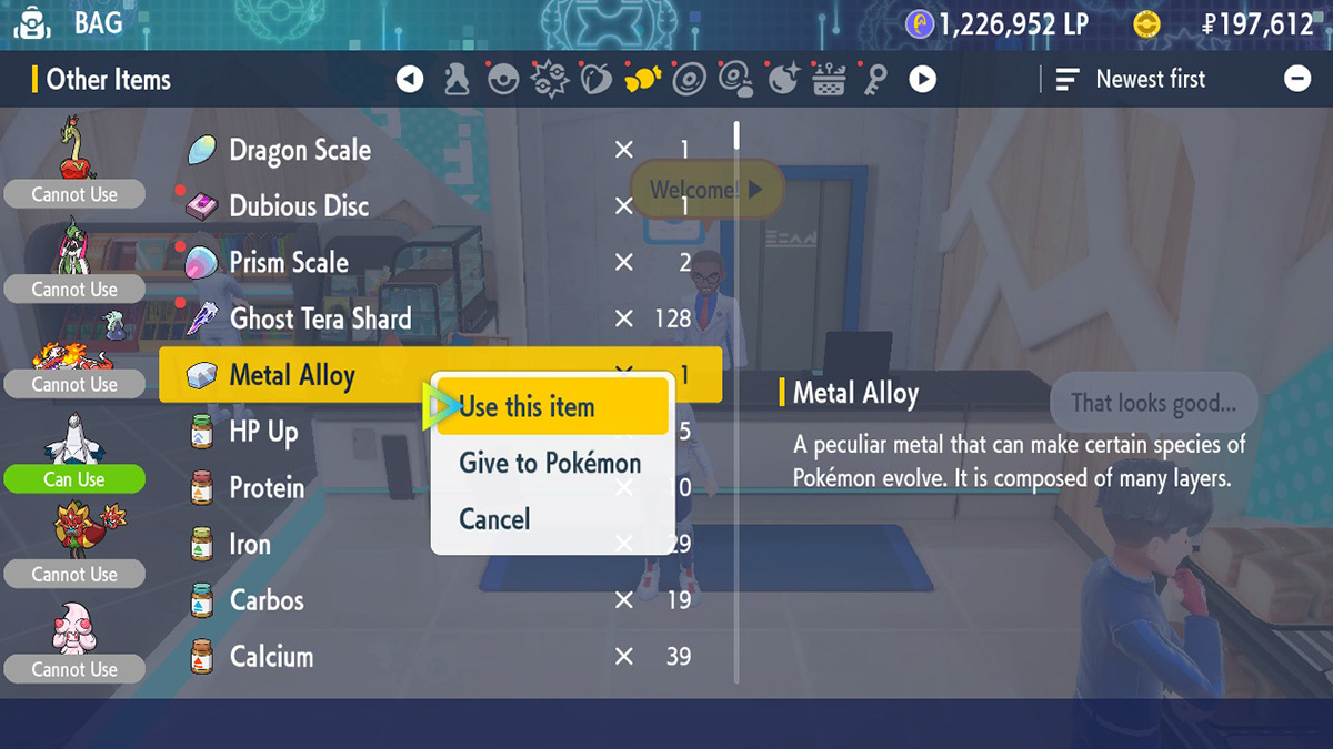 Screenshot of using Metal Alloy in Pokemon Indigo Disk