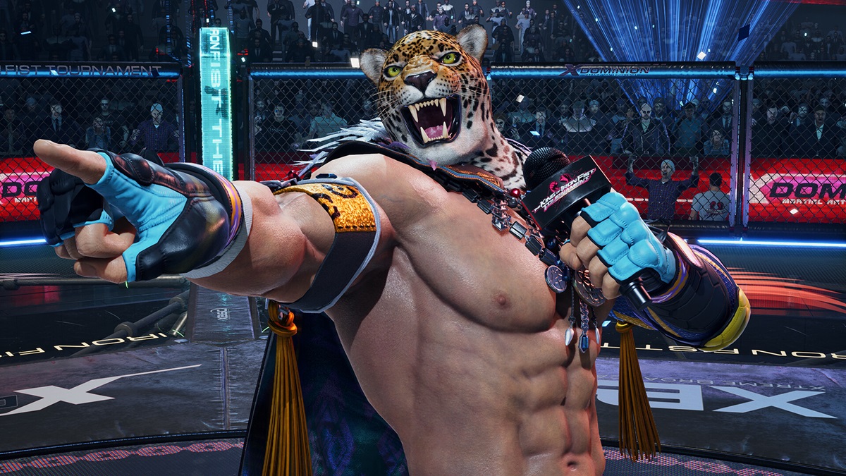 Tekken 8 - A wrestler in an animal mask holds a microphone