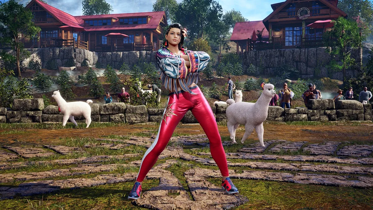 Tekken 8 - Azucena standing in a courtyard with some llamas.