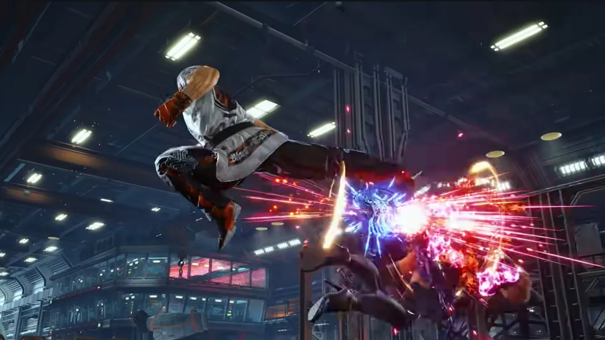 Tekken 8 - Hwoarang smashes Nina with a flying kick.