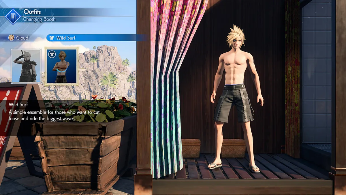 Screenshot of Cloud swimsuit in Final Fantasy VII Rebirth
