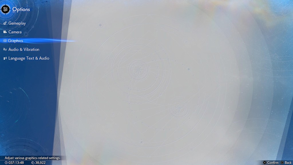 Screenshot of Option menu in Final Fantasy VII Rebirth