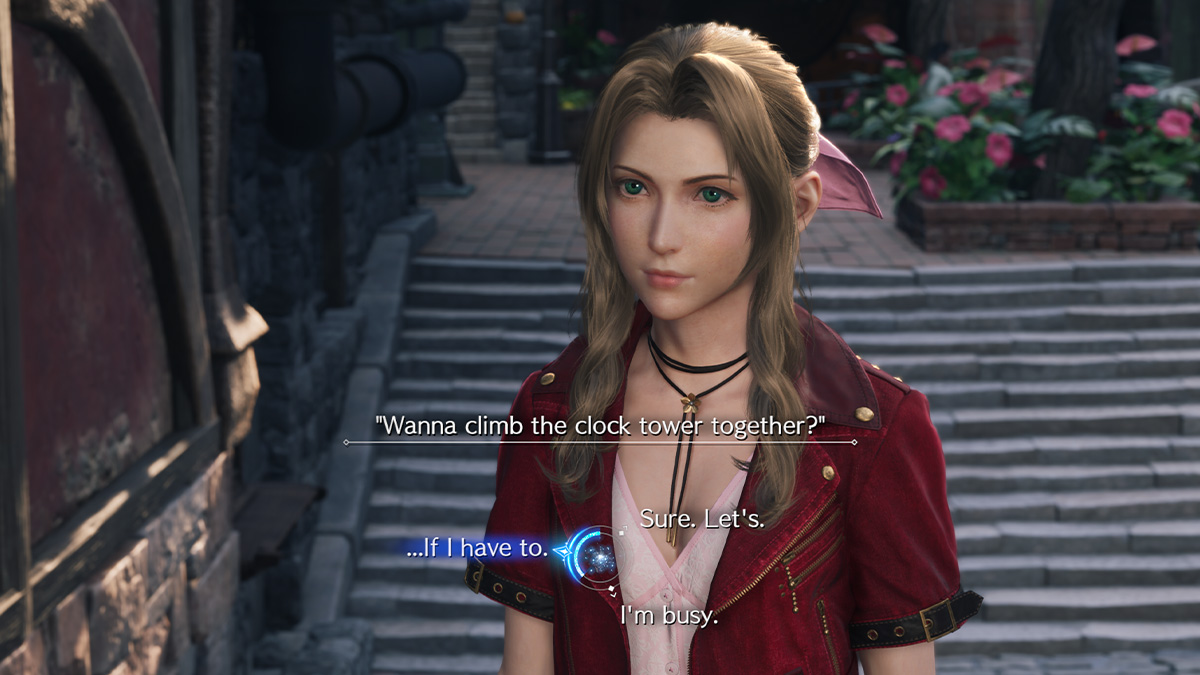 Screenshot of Final Fantasy VII Rebirth multiple choice dialogue