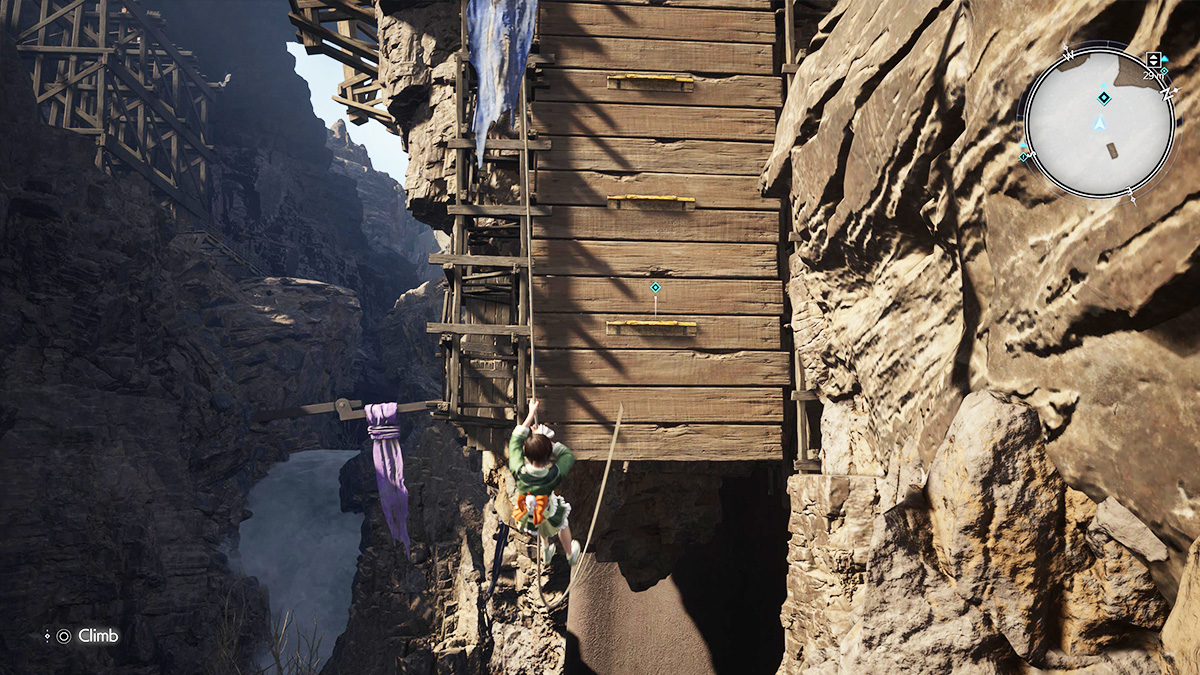 Screenshot of FF7 Rebirth Coal Mines Yuffie Canyon Grappling Hook 5 Climbing Wall