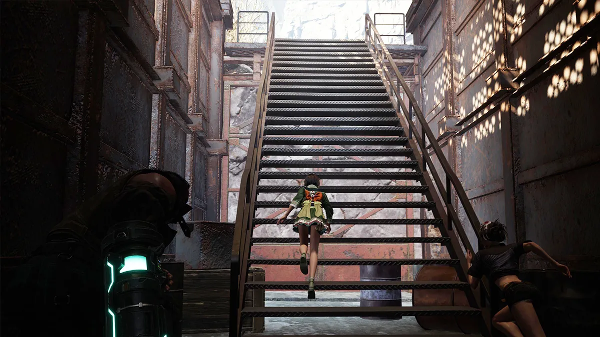 Screenshot of FF7 Rebirth Chapter 7 Yuffie metal stairs