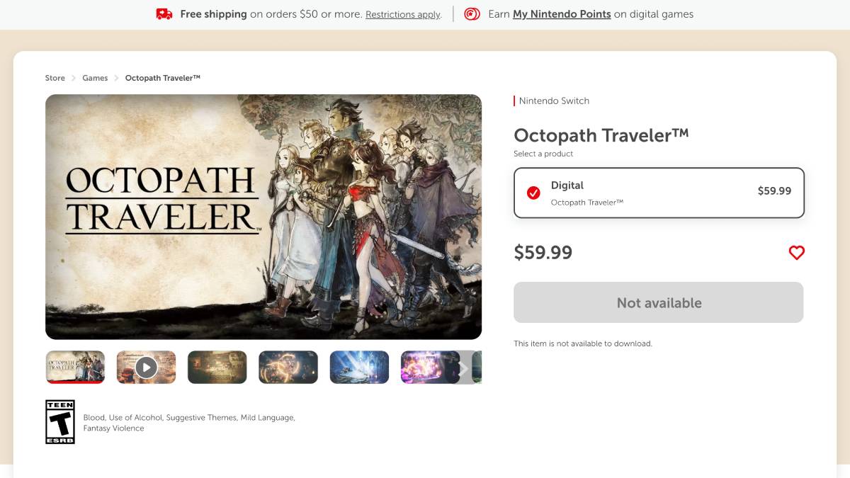 Octopath Traveler Switch eShop Page Showing It as 'Not Available'