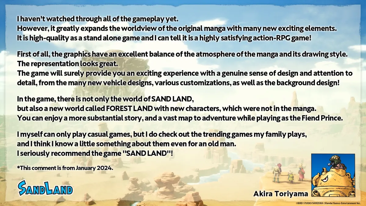 Akira Toriyama Message Shared Ahead of Sand Land Game Launch
