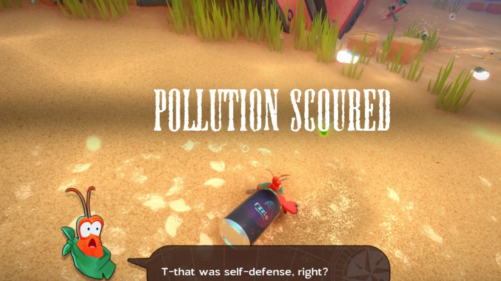 Kril says, "T-that was self-defense, right?" after defeating Nephro. Above him is the text, "Pollution Scoured."