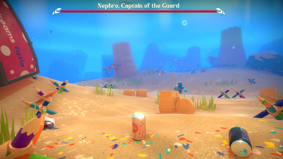 Kril hides in a can behind some sand shaped like barrels as Nephro charges towards him.