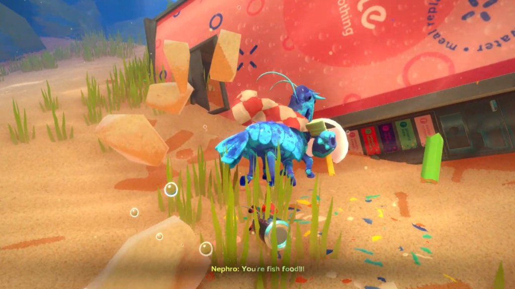 A giant blue lobster charges at a vending machine