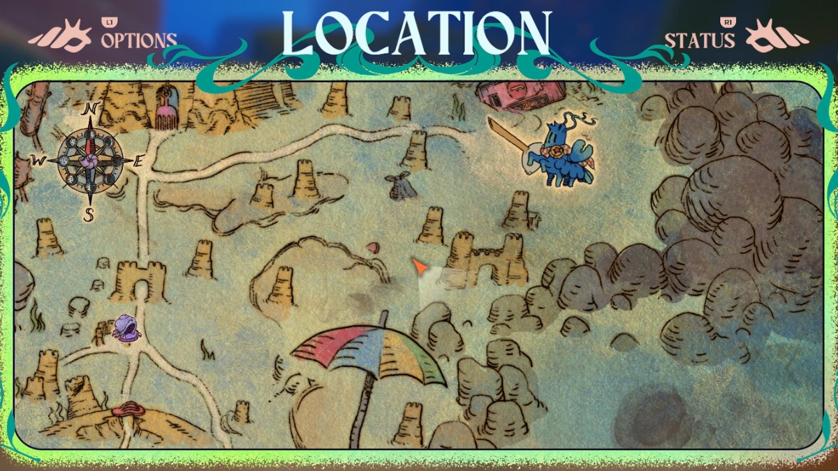 A watercolour map of the land in ANother Crab's Treasure. The boss location is indicated by a blue lobster.