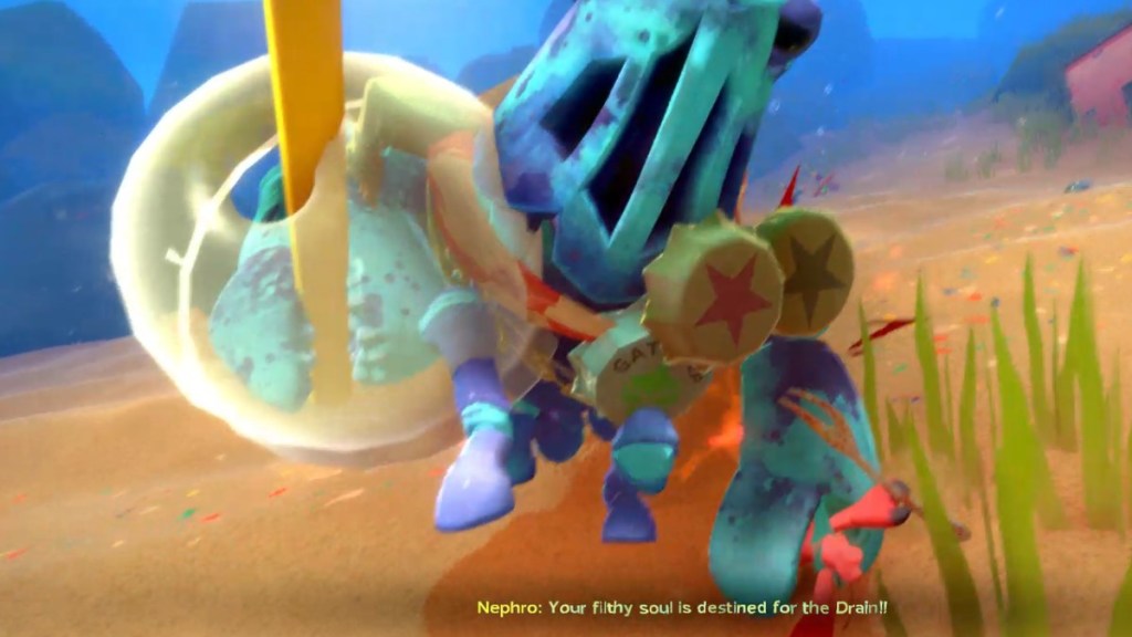 Nephro drags Kril through the dirt.