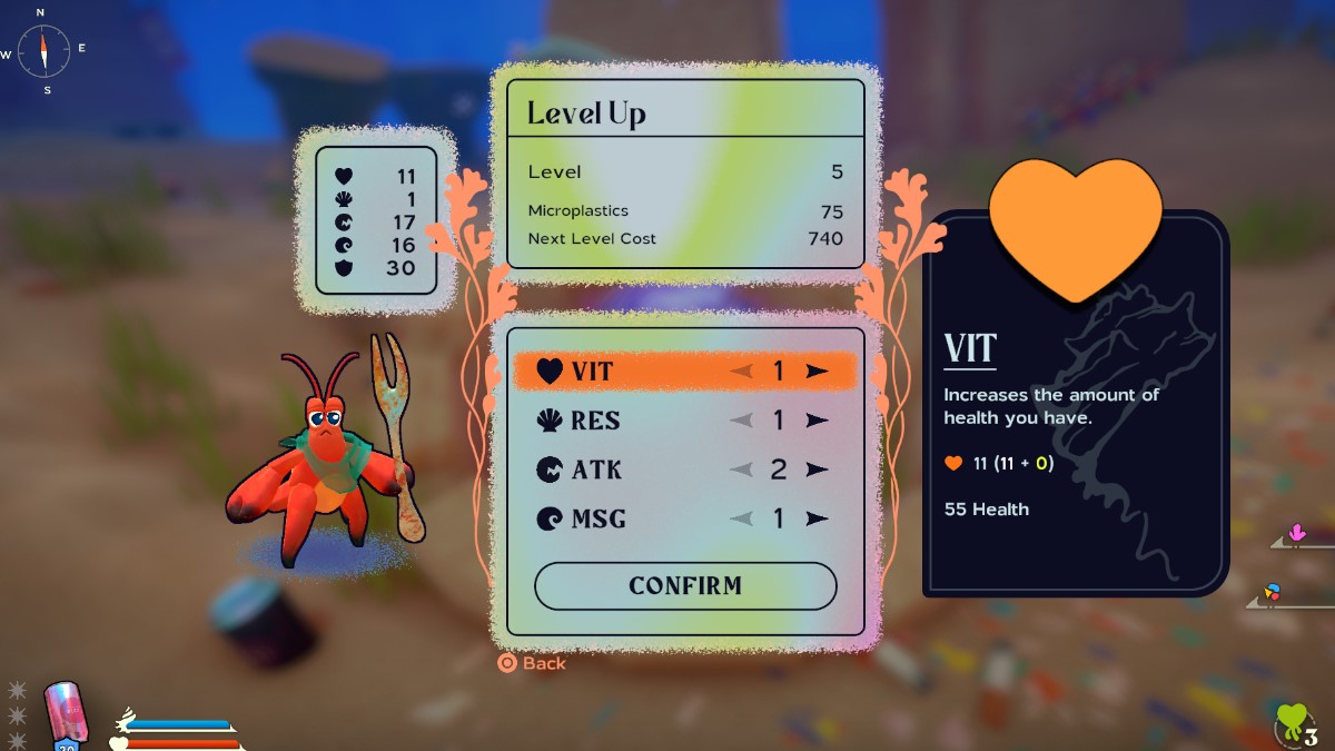 The stat sheet for Kril, showing his Vitality, Resistance, Attack, and MSG.