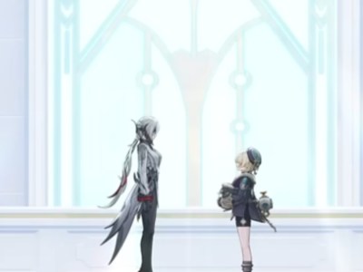 Freminet looks up to Arlecchino in a lavish and white hall.