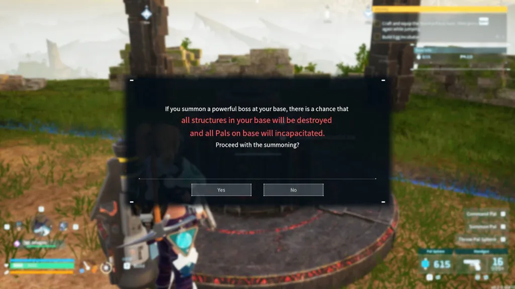 Summoning Altar warning message in Palworld