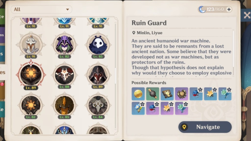 Enemies menu in Genshin