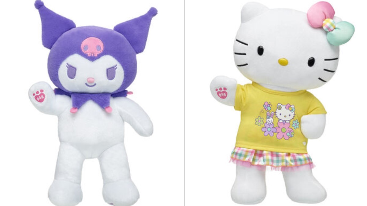 A plush of Kirumi and a plush of Hello Kitty.