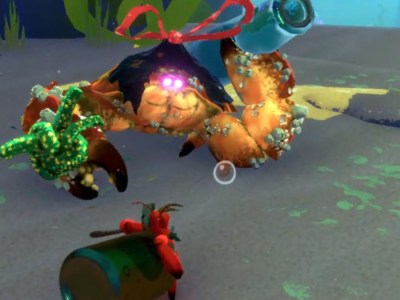 Kril faces off against a giant crab wielding a glass bottle and wearing a weird lil plastic bow.