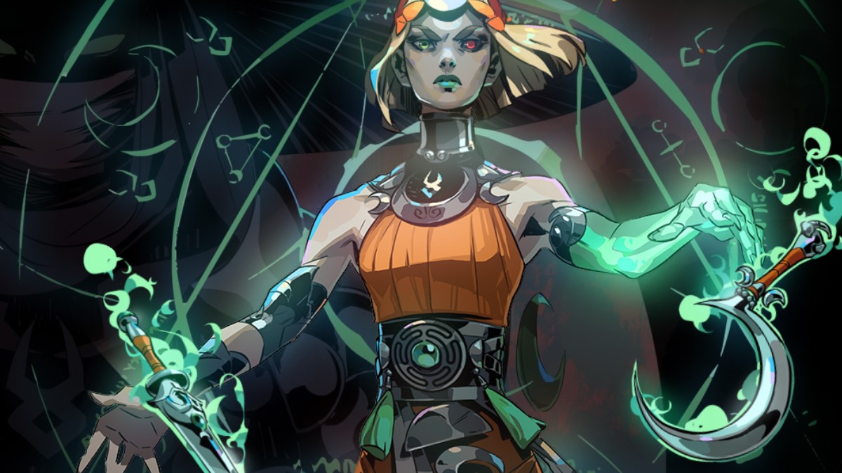 The main character in Hades 2 floats in the air. Her hands glow as her blades float in front of her.