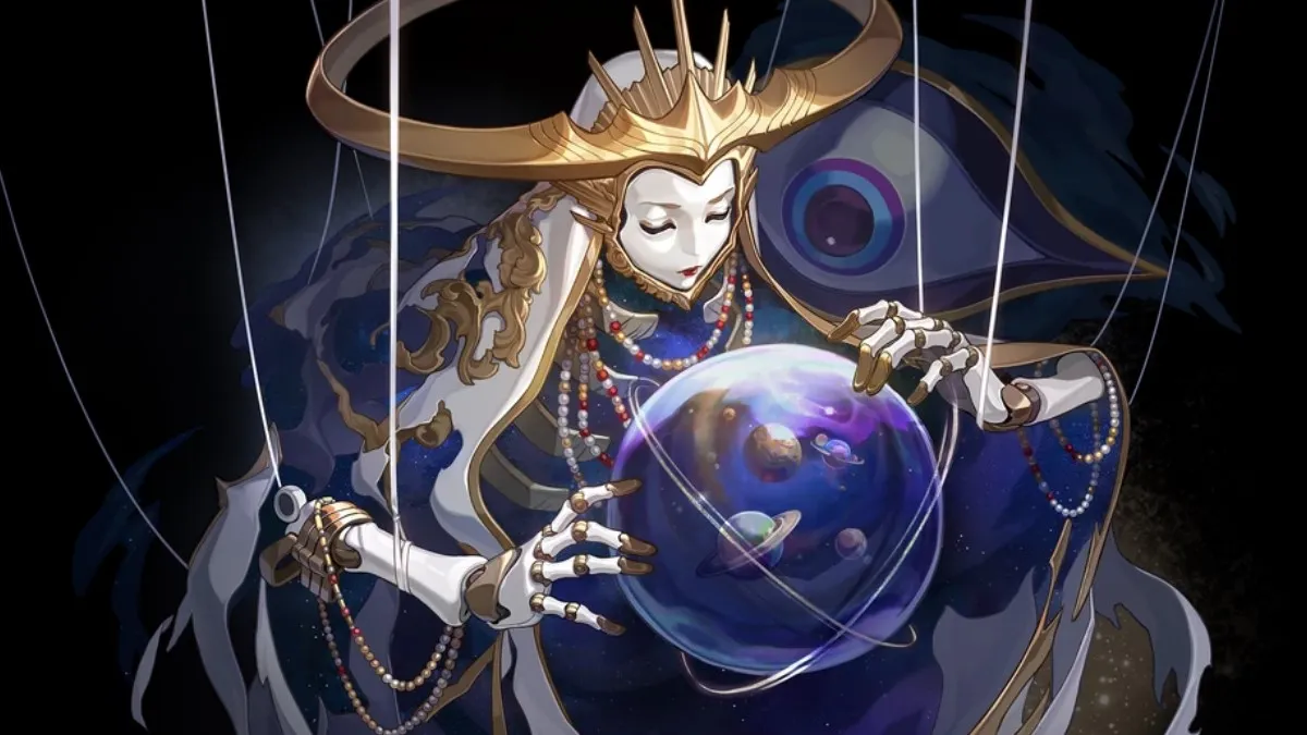 A porcelain marionette-like being with a huge golden crown and flowing grey robes. THEY hold a globe between THEIR hands as THEY gaze into it.