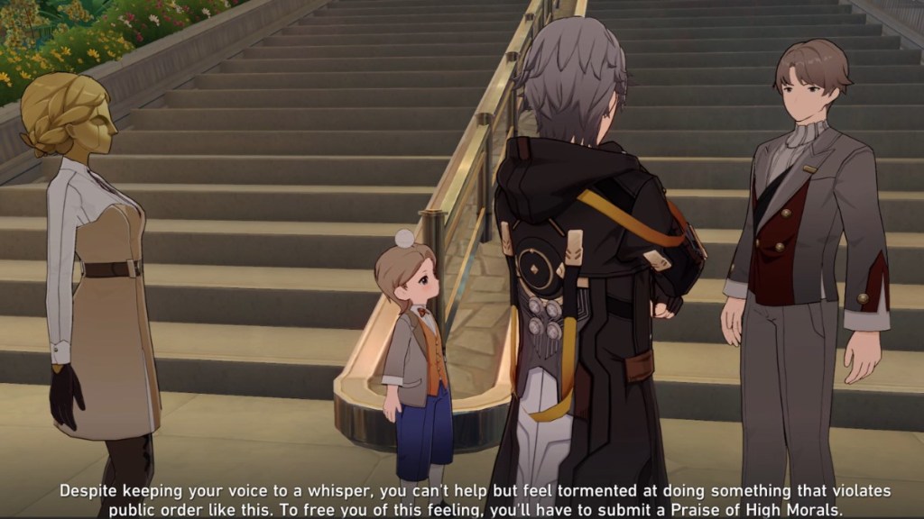 The Trailblazer, a cyborg, a Pepishi, and a con man stand around, discussing.