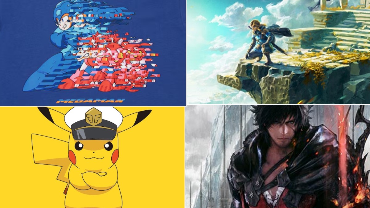 A collage of four shirts: Megaman, Legend of Zelda: Tears of the Kingdom, Pikachu, and a man from Final Fantasy.