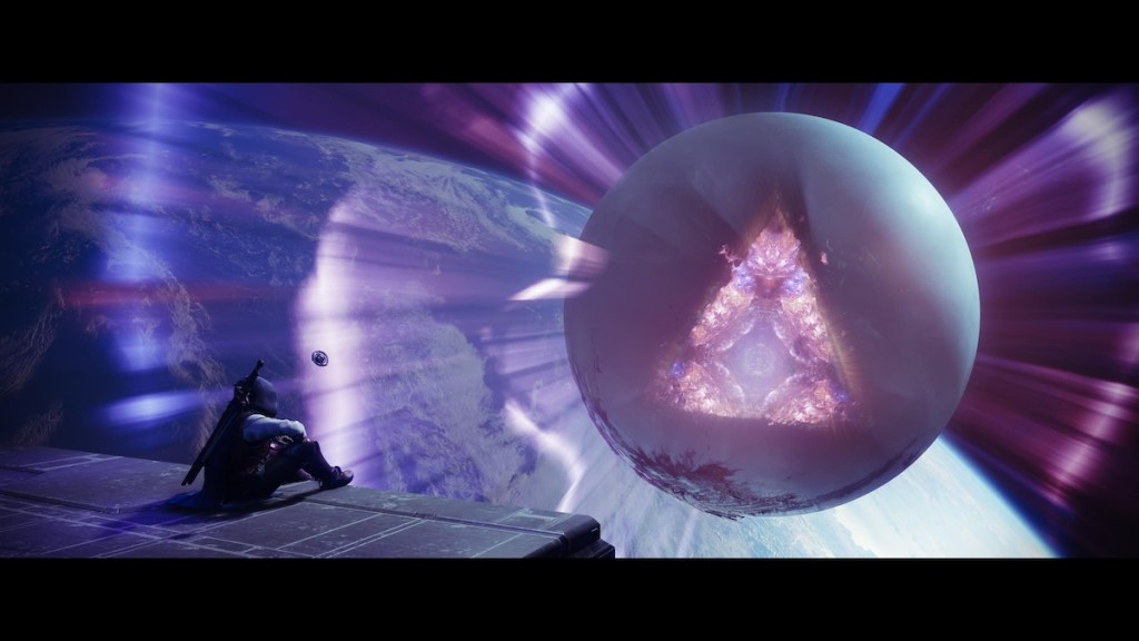 The Guardian and Ghost at rest, watching the Aurora spilling from the Traveler