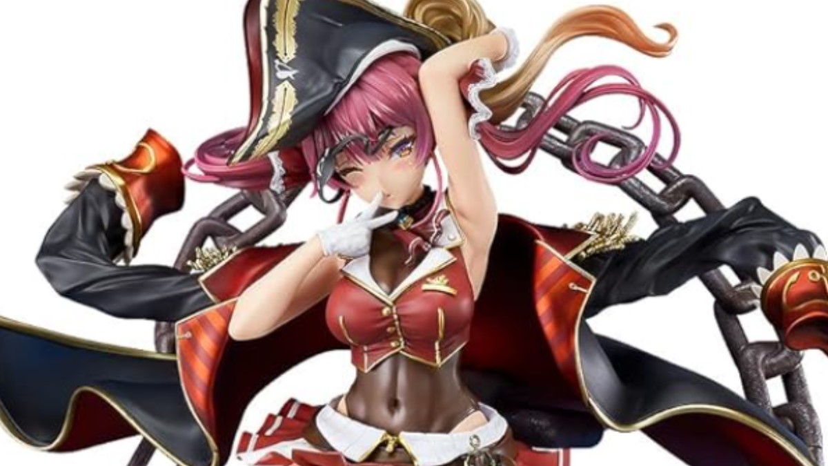 Huoshu Marine poses with her clothes flowing in the wind and an anchor spiraling behind her