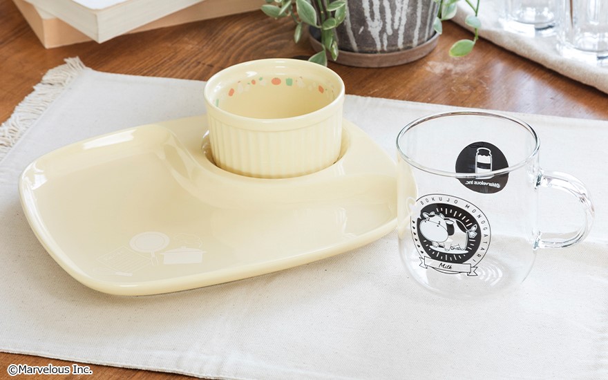 Story of Seasons merchandise - dining plate and mascot cow-branded glass milk mug