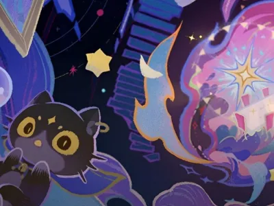 A cat looks captivated at a bubble as a bunch of stars explode behind it.