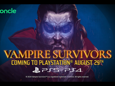 Vampire Survivors title image announcing release on PS4 and PS5, August 29