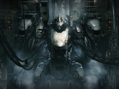 Image of an Armored Core under assembly in the hangar from Armored Core VI: Fires of Rubicon