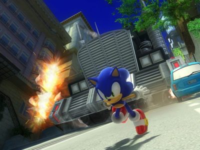 Sonic the Hedgehog runs from the GUN truck in Sonic X Shadow Generations