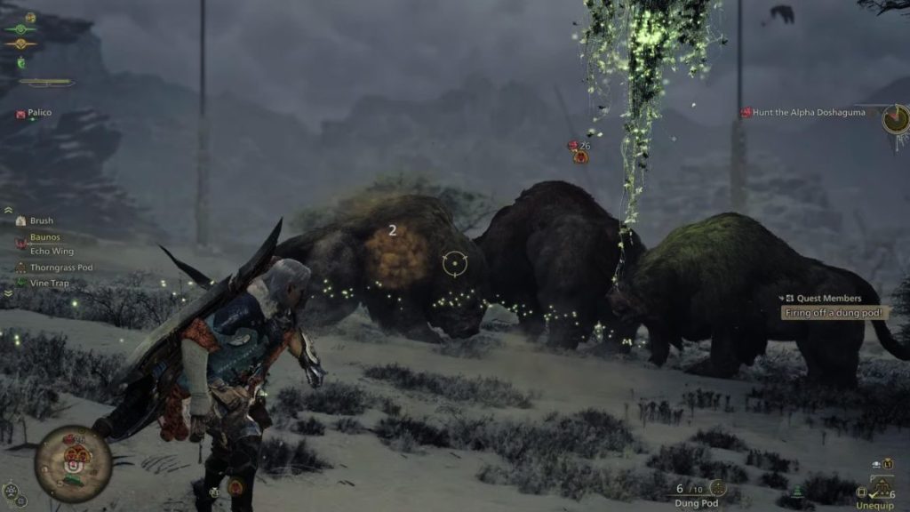 Hunter fires dung pods to Scatter the Doshaguma pack during a hunt