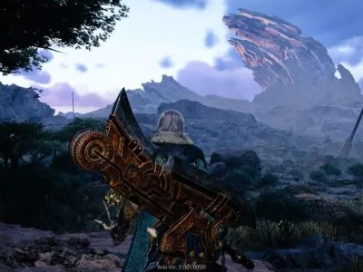 Panorama of the Windward Plains with a Hunter, weapon stowed looking over it in Monster Hunter wilds