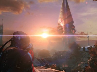 Screenshot of Mass Effect, Shepherd stares at a Reaper taking off.