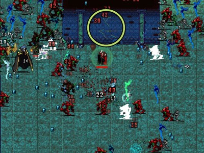The entrance to Reinhardt's Coffin in Vampire Survivors Ode to Castlevania, showing a marked blue wall