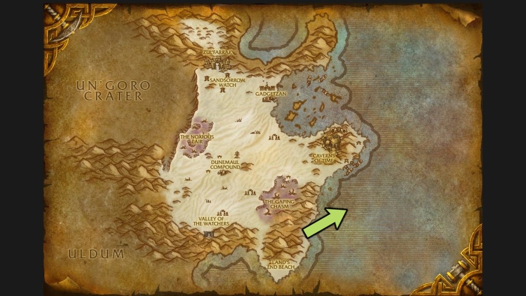 A map of Tanaris showing the location of the Waterlogged Celebration Crate