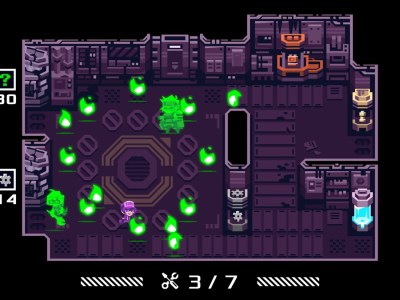Awaria - A maintenance worker runs past some green flames to get to a broken generator. A green ghost is floating nearby.