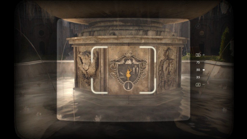 The player taking a photograph of an inscription on a fountain