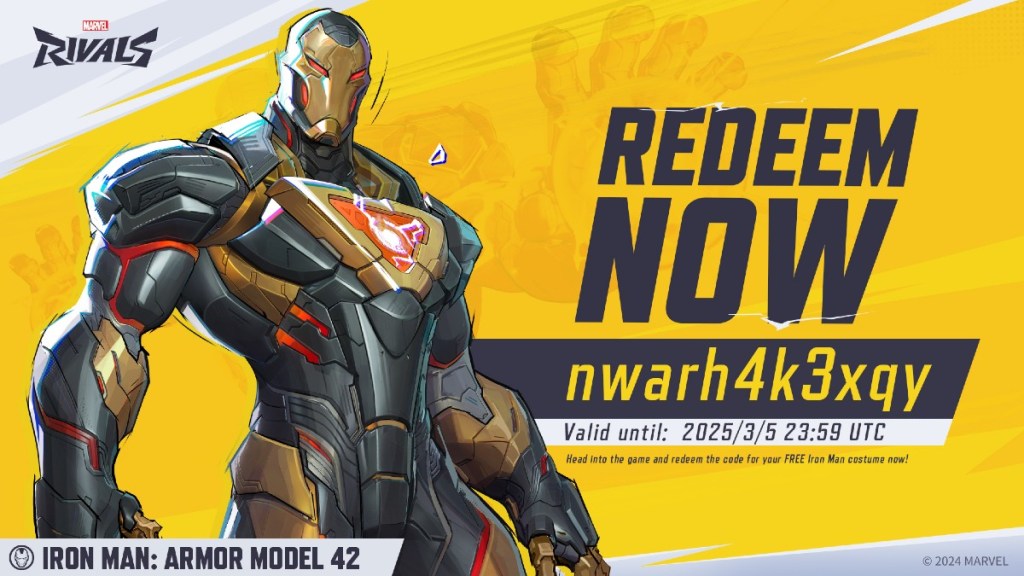 Iron Mark Mark 42 skin next to the text REDEEM NOW and the code "nwarh4k3xqy"