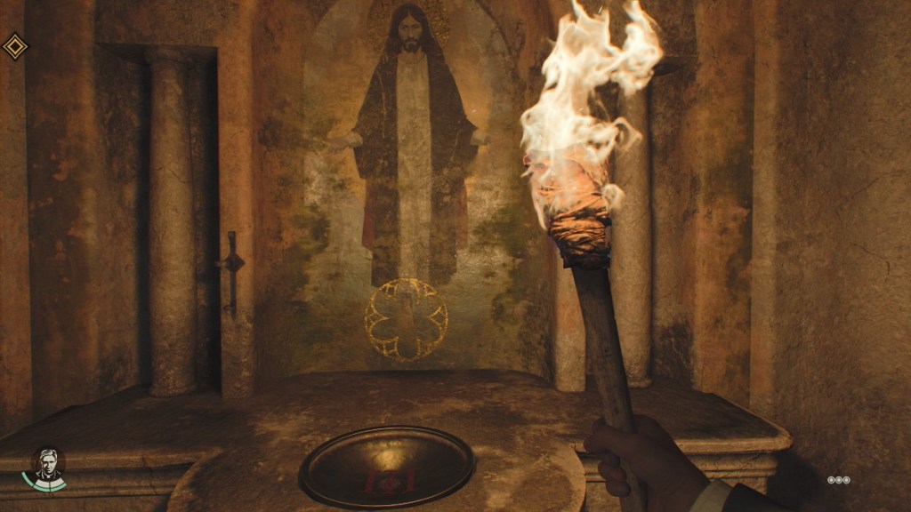 A mural of Jesus walking on water with his right foot circled in Indiana Jones and the Great Circle