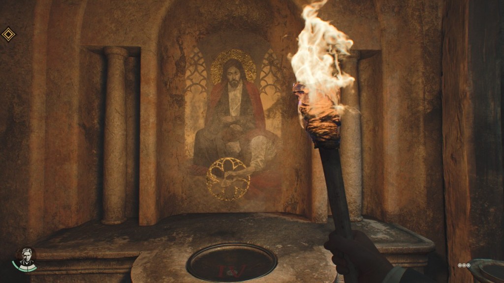 A mural of Mary Magdalene wiping Jesus' left foot in Indiana Jones and the Great Circle