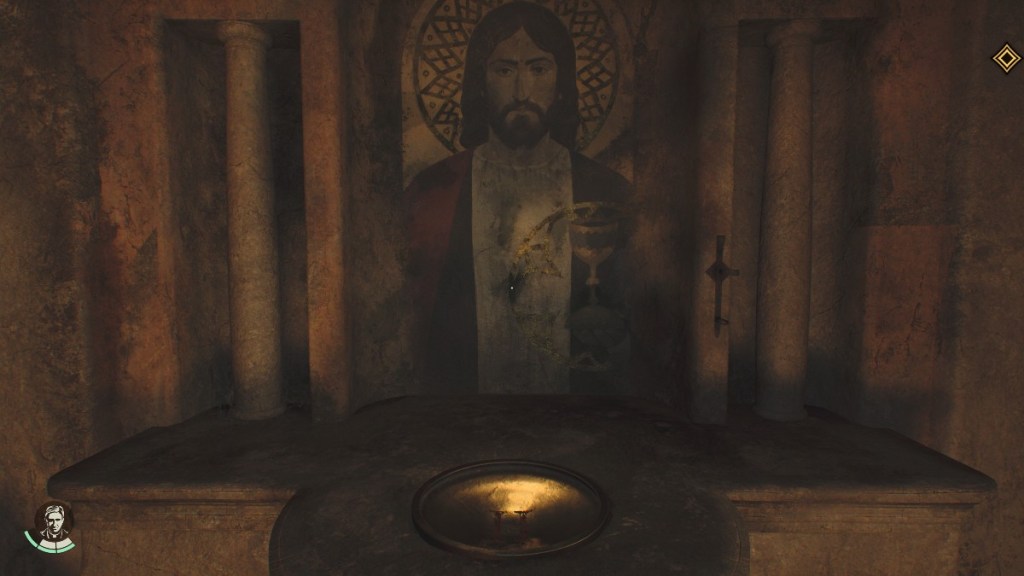 A depiction of Jesus holding wine in his left hand in Indiana Jones and the Great Circle