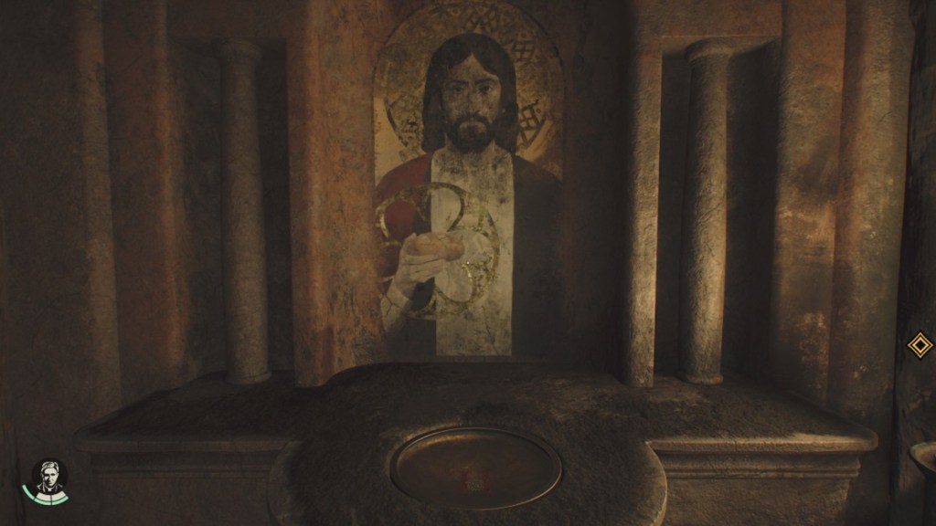 A depiction of Jesus holding bread in his right hand in Indiana Jones and the Great Circle