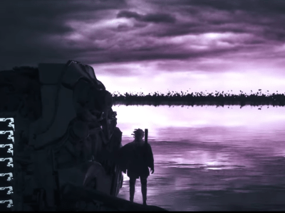 The protagonist of the new Fumito Ueda game stares at the horizon from the shoulder of a massive robot.