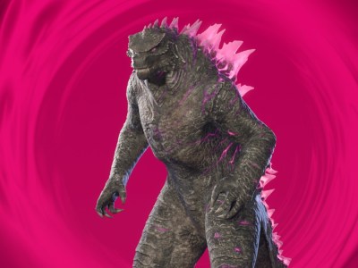The Godzilla Evolved skin on a pinkish-red background in Fortnite