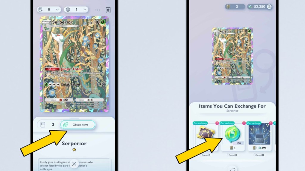 An image that shows how to obtain Trade Tokens in Pokémon TCG Pocket. Yellow arrows point to the "Exchange Item" button on one screenshot, and the Trade Token icon on the screenshot next to it 