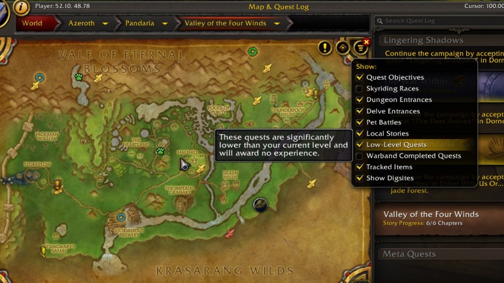 A screenshot of WoW showing how to enable low level quests in the Map menu