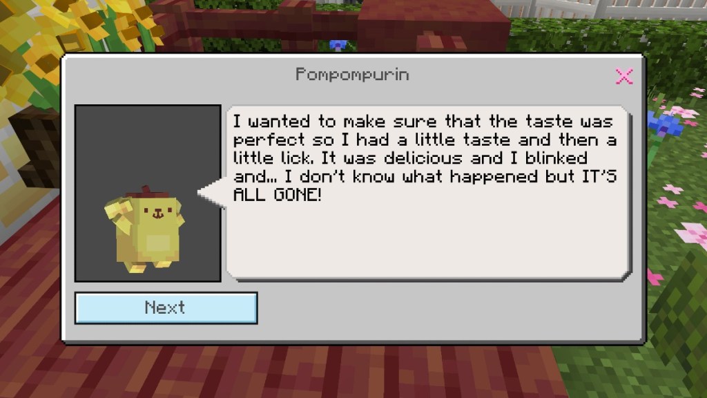 Pompompurin dialogue in Minecraft Hello Kitty and Friends